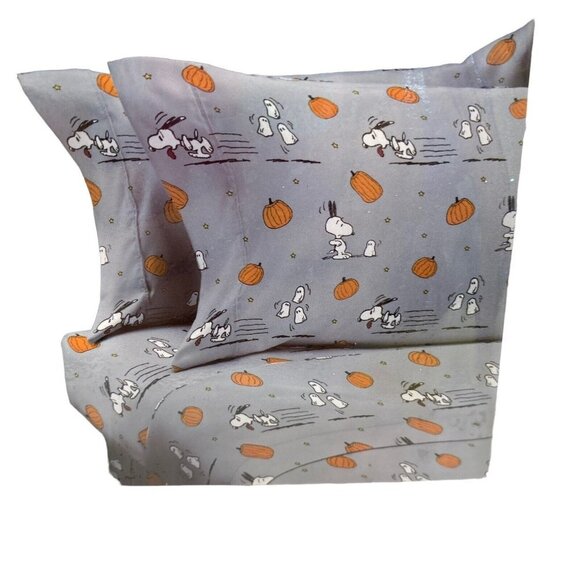 Berkshire Peanuts Twin Bed Sheet Set 4pc Halloween Snoopy Pumpkins Scary Ghost - Picture 3 of 5